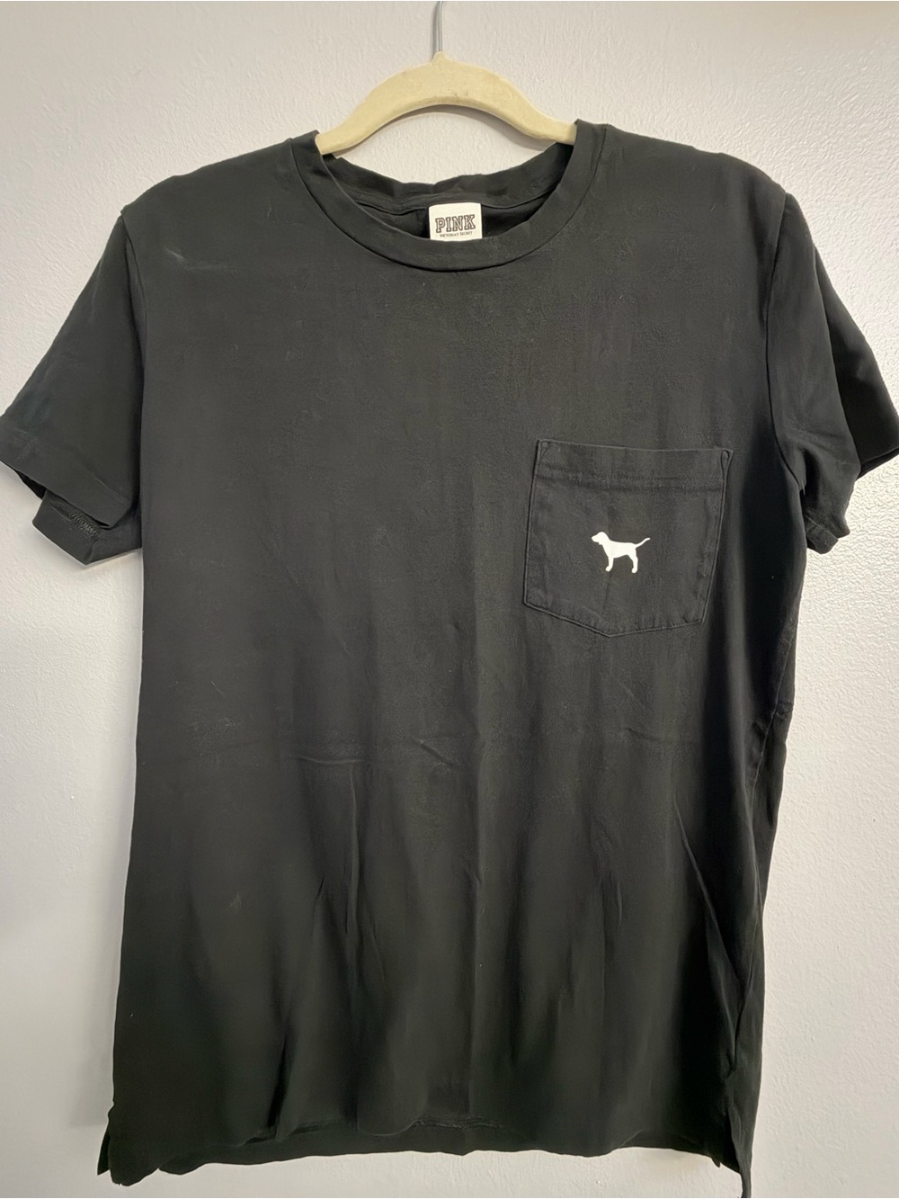 PINK Victoria's Secret Black Pocket Tee with White Dog Logo
